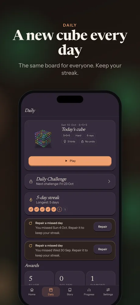The Daily board: one new cube every day, the same for everyone.